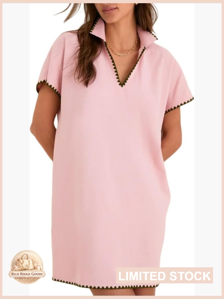 Polo Dress For Women V-Neck Short Sleeve Scalloped Trim Casual Summer Mini Dress